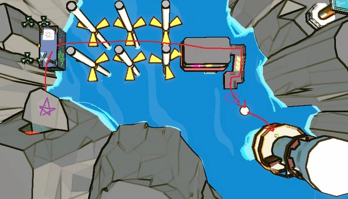 image of pathway 4 in the levels of ZOOM a doom-like shooter video game. the area is a long ravine with aerial obstacles and enemies