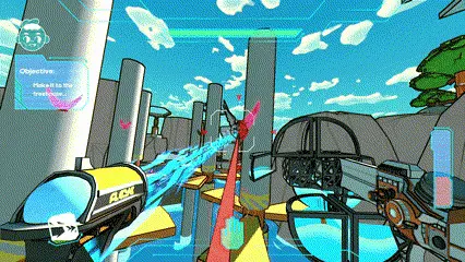 gif of player hovering through an aerial pathway and fighting aerial long ranged enemy animals in pathway 4 in the levels of ZOOM a doom-like shooter video game