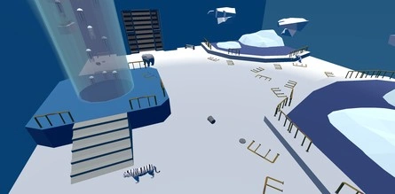 close up image of the third area in level four of old prototype zoom doom like shooter video game. two broken exhibits and a jelly fish tower are in this room. a bear a monkey and a tiger are roaming the area