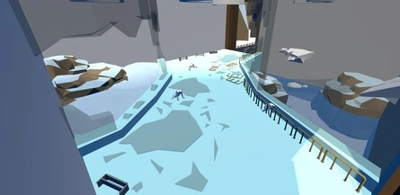 close up image of the first area in level four of old prototype zoom doom like shooter video game. it's an indoor exhibit with two broken glass displays, a monkey is waiting inside the walkway