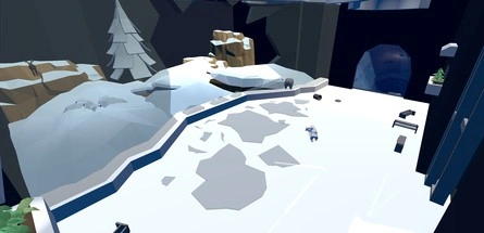 close up image of the second area in level four of old prototype zoom doom like shooter video game. there is one large broken glass display with a snowy habitat inside, three animal enemies are scattered total inside, a tunnel can be seen in the far wall