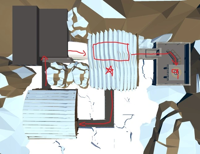 image of bird's eye view of the fourth level layout for old prototype ZOOM a doom-like shooter video game. its an arctic theme