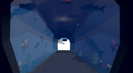 close up image of the tunnel area in level four of old prototype zoom doom like shooter video game. a perspective shot of a tunnel made of glass and water with fish are inside the tunnel, the tunnel leads down a flight of stairs into the next exhibit, an animal waits at the bottom.