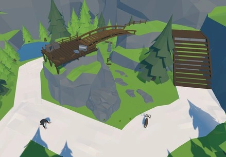 close up image of the first area in level one of old prototype zoom doom like shooter video game. it is a paved mountainous area with stairs leading to an scenic overview deck. trash cans and assorted destruction is littered about suggesting disarray by the animals