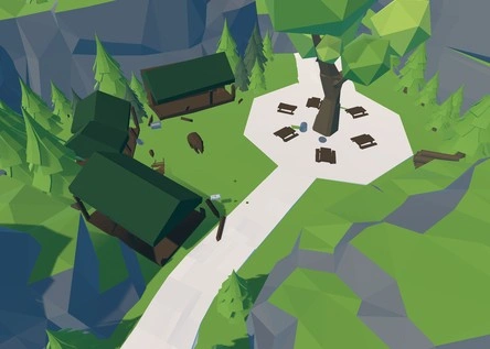 close up image of the first area in level one of old prototype zoom doom like shooter video game. it is a paved camping and picnic area. traces of destruction are apparent and there is a bear lurking around a big tree surrounded by picnic tables