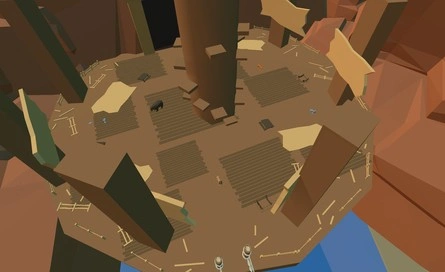 close up image of the fourth area in level three of old prototype zoom doom like shooter video game. its a perspective shot of the final arena place in the third level. there is a bear and four tigers and lions. wood and debris populate the wooden platforms.