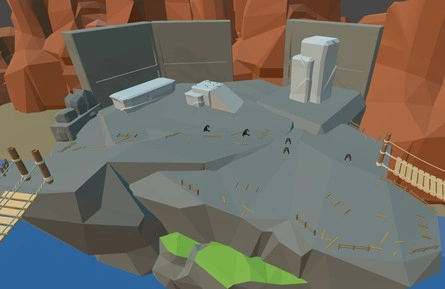 close up image of the first area in level three of zoom doom-like prototype shooter video game. there are five monkeys and rocks around the island rock, there are two bridges connecting it to other areas.