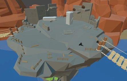 close up image of the third area in level three of old prototype zoom doom like shooter video game. rocks and columns populate the rock island and there are two bridges connecting it.