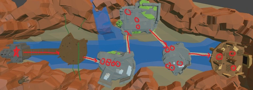 overview image of the third level of old prototype zoom doom-like shooter video game. it is jungle themed, tall islands of rock hold each exhibition, connected by wooden bridges hanging over a river