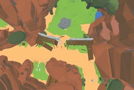 close up image of the second area in level one of old prototype zoom doom like shooter video game. its a long road walled by tall rocky mountainous forms. a lions den and goat pen can be seen. the entrances ot their exhibits have been destroyed.