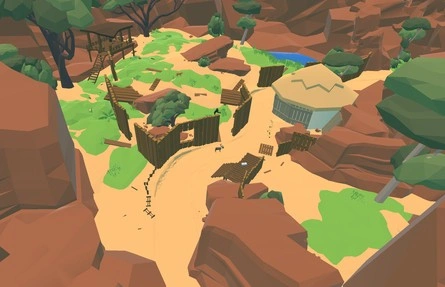close up image of the second area in level one of old prototype zoom doom like shooter video game. it is a perspective shot of the second part of the safari level. several wooden structures such as fences, overviews, and a hut can be seen. stray zoo animals roam the area, including a tiger